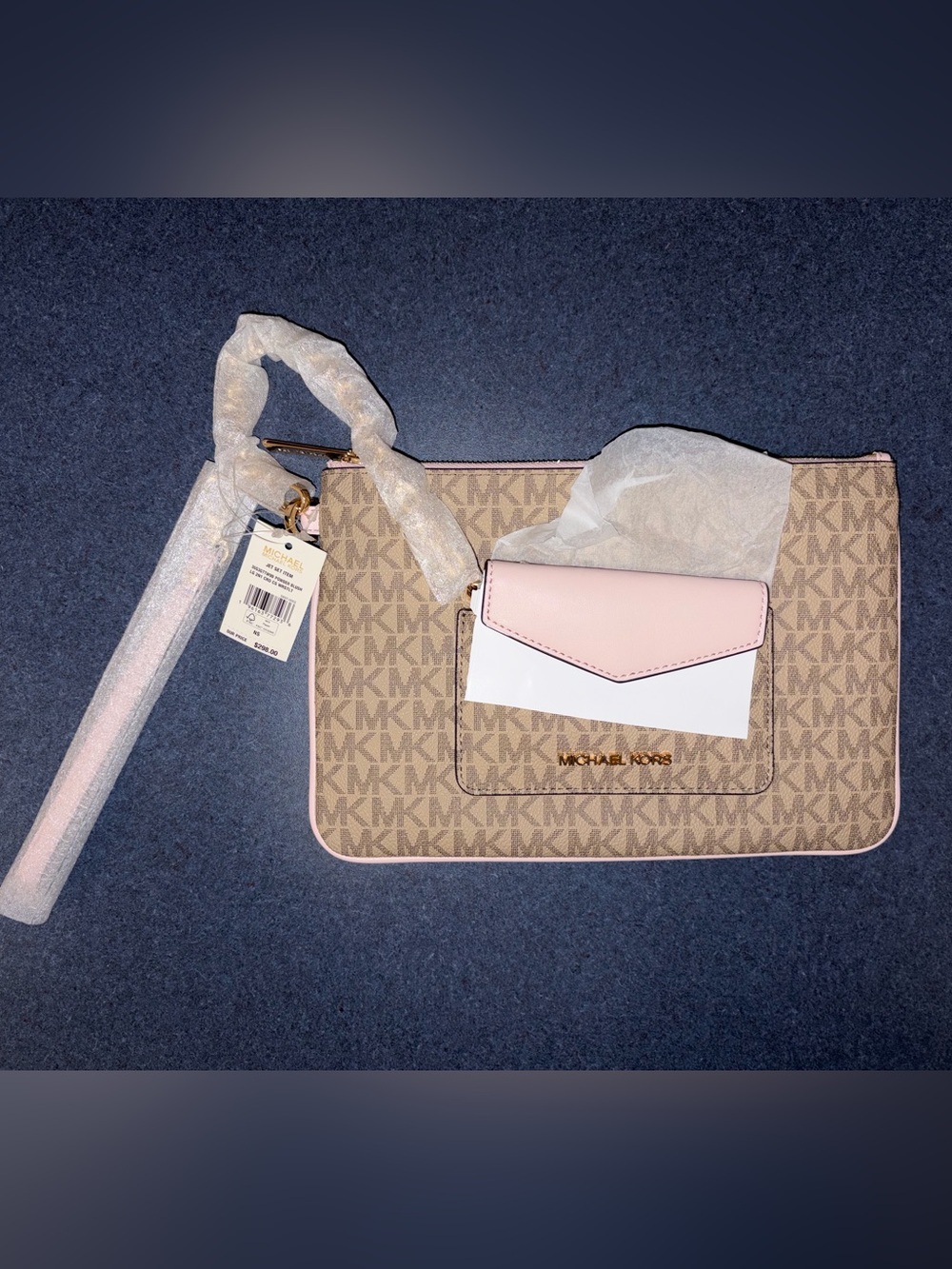 Michael Kors Beige Logo Wristlet with Pink Trim